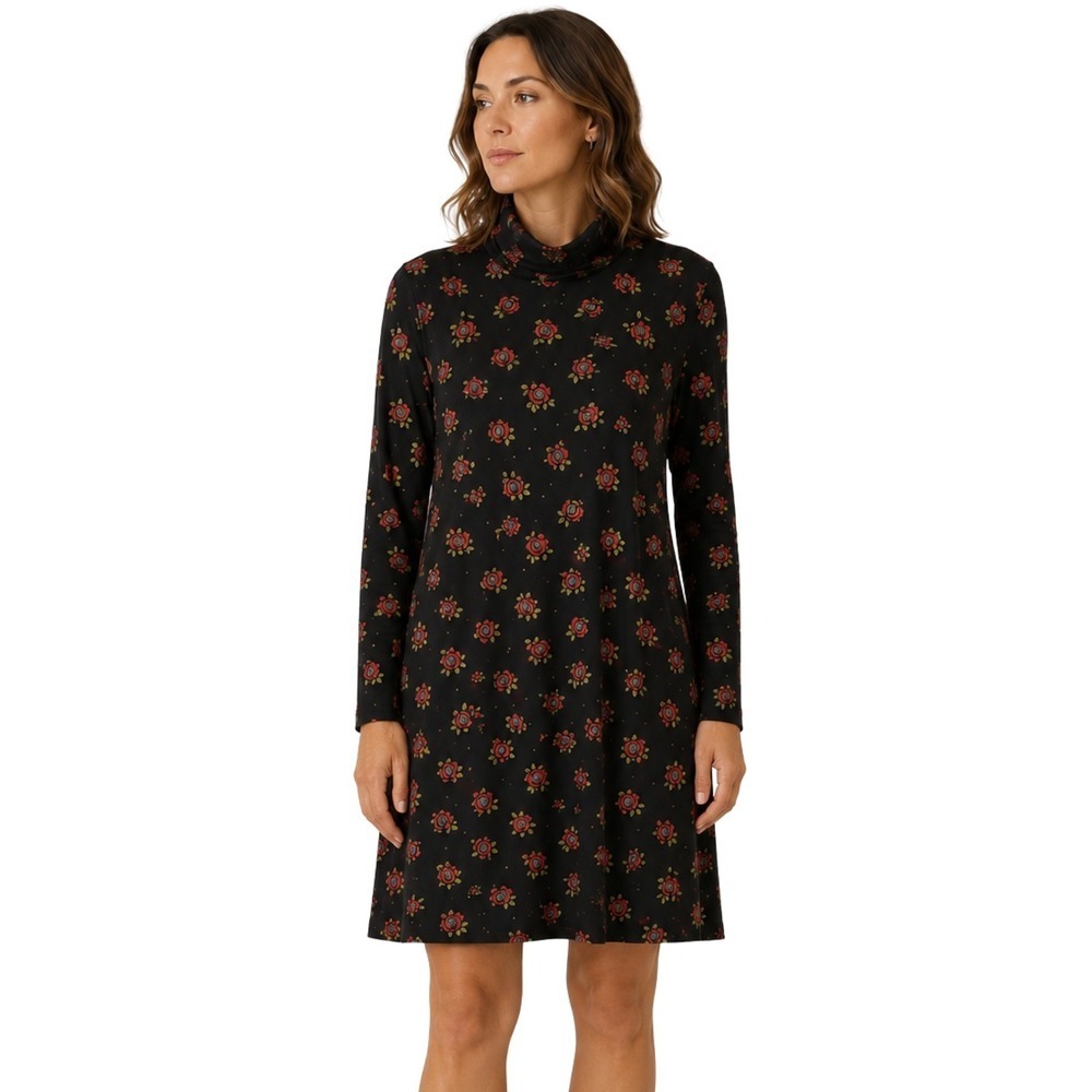 Gudrun Sjoden Dress Womens Medium Black Red Oland Rose Floral Lyocell Turtleneck